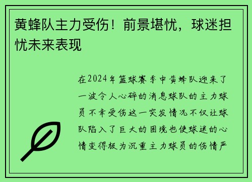 黄蜂队主力受伤！前景堪忧，球迷担忧未来表现